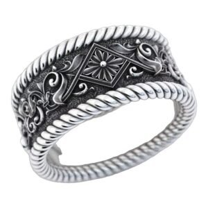 Sterling silver ornamental rope border ring with baroque medallion