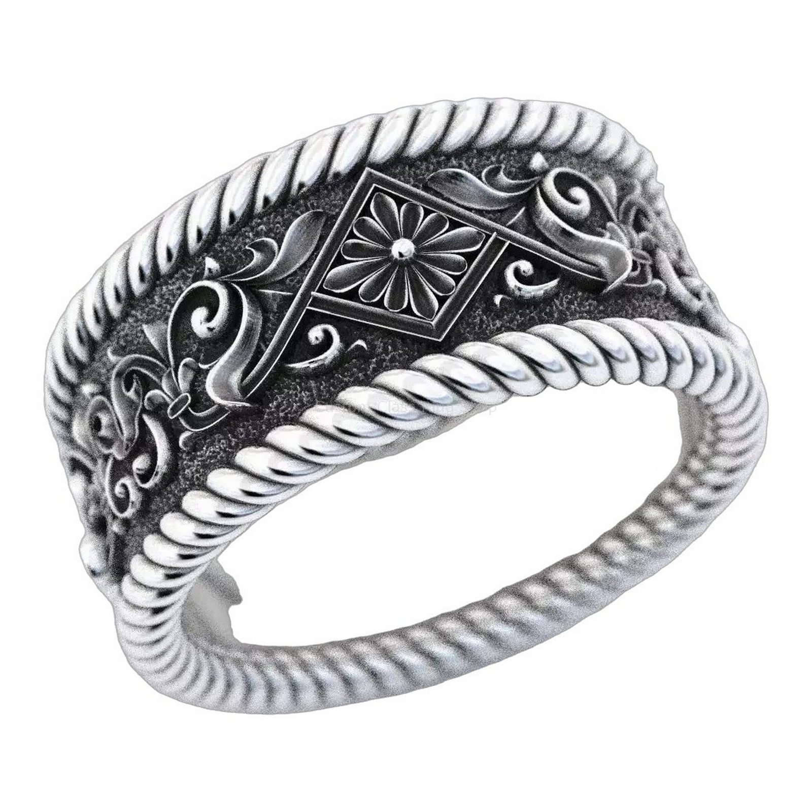 Sterling silver ornamental rope border ring with baroque medallion