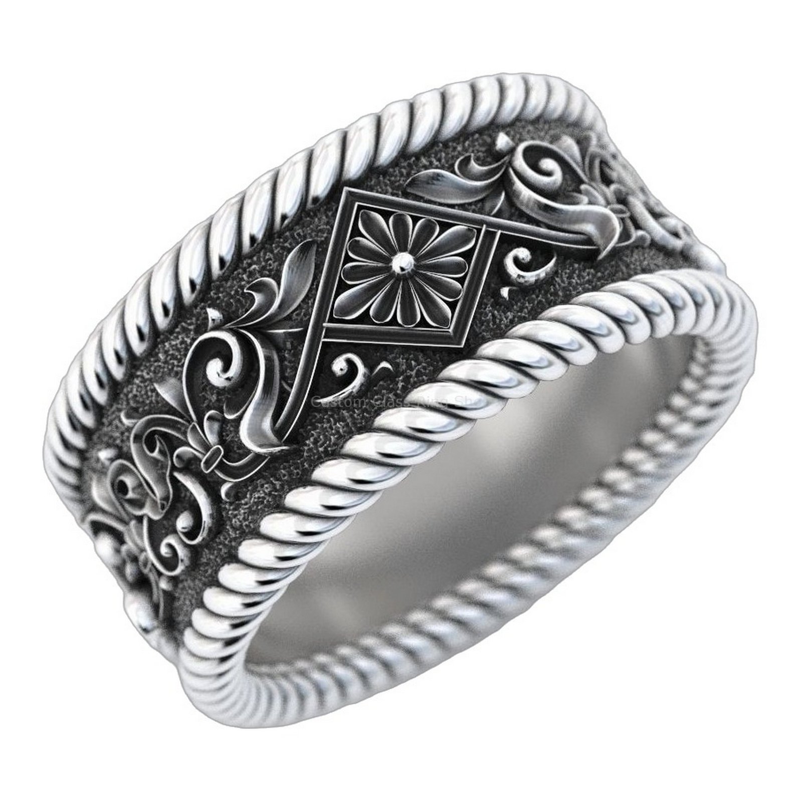 Sterling silver ornamental rope border ring, three-quarter angled view