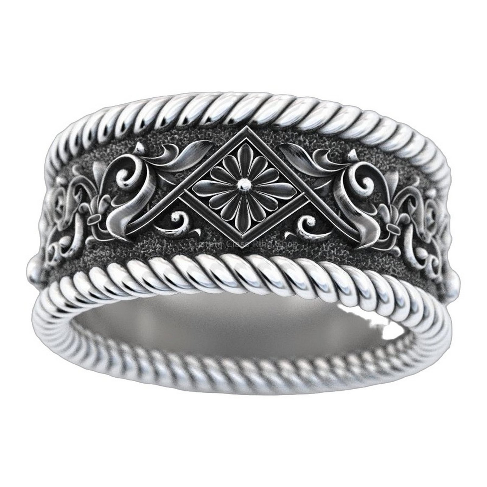 Sterling silver ornamental rope border ring, top-down flat view
