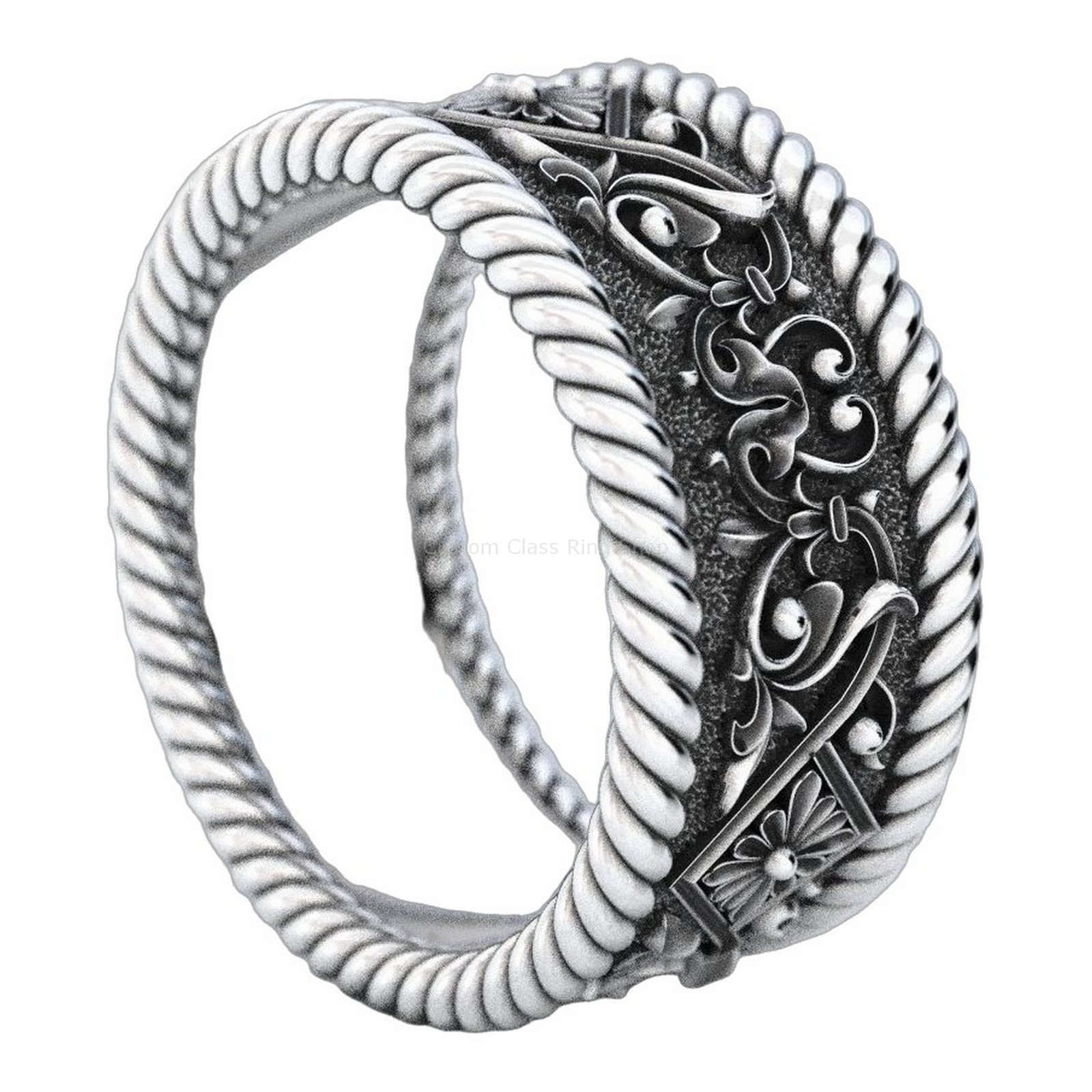 Sterling silver ornamental rope border ring, angled side profile