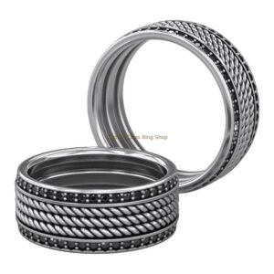 Sterling silver rope and diamond ring with oxidized finish and beaded accents