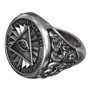 Oxidized sterling silver eye of providence signet ring with sunburst border and acanthus leaf should