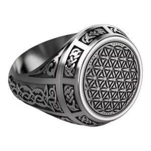 Sterling silver celtic flower of life ring, angled three-quarter view
