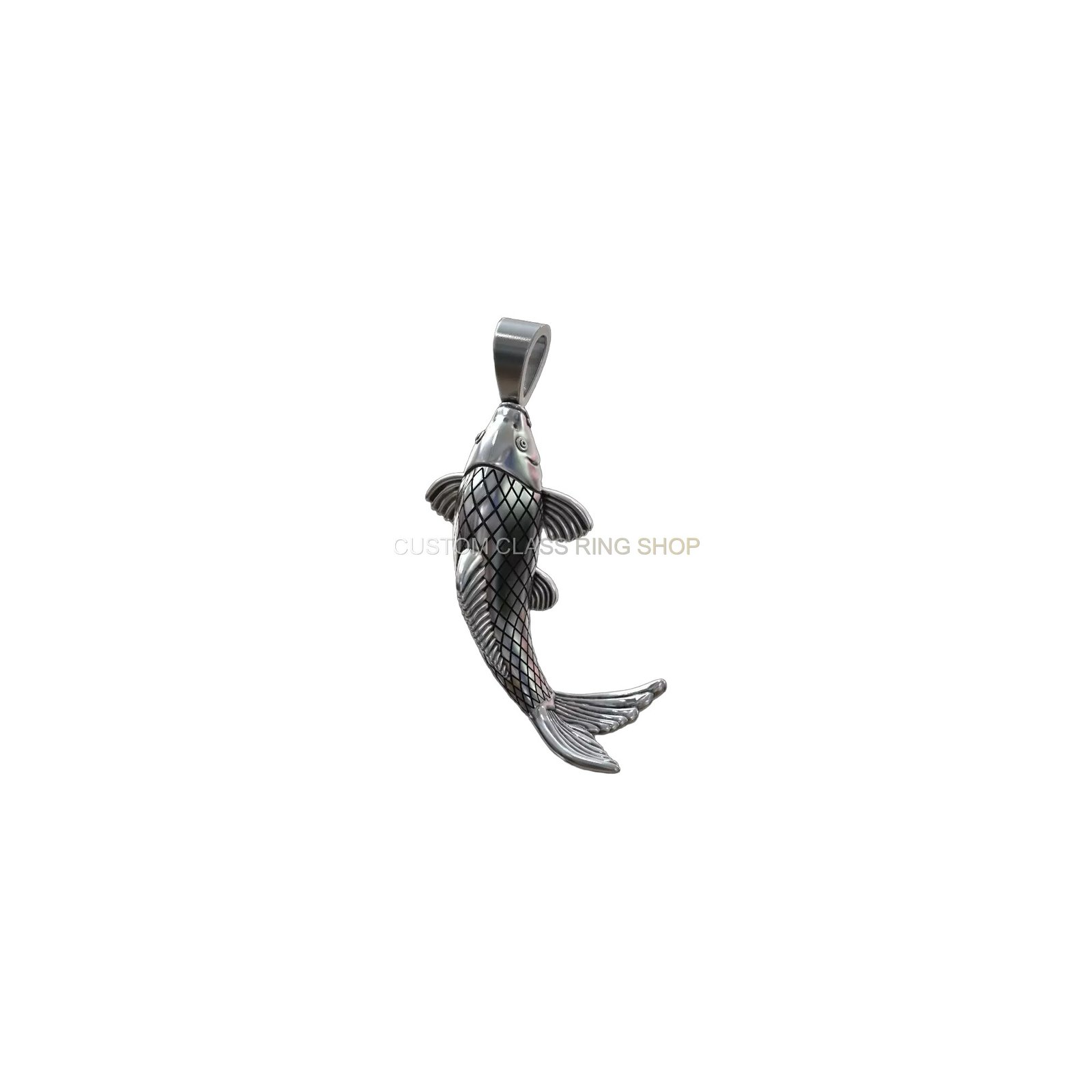 Oxidized sterling silver carp fish pendant with scaled body and detailed fins