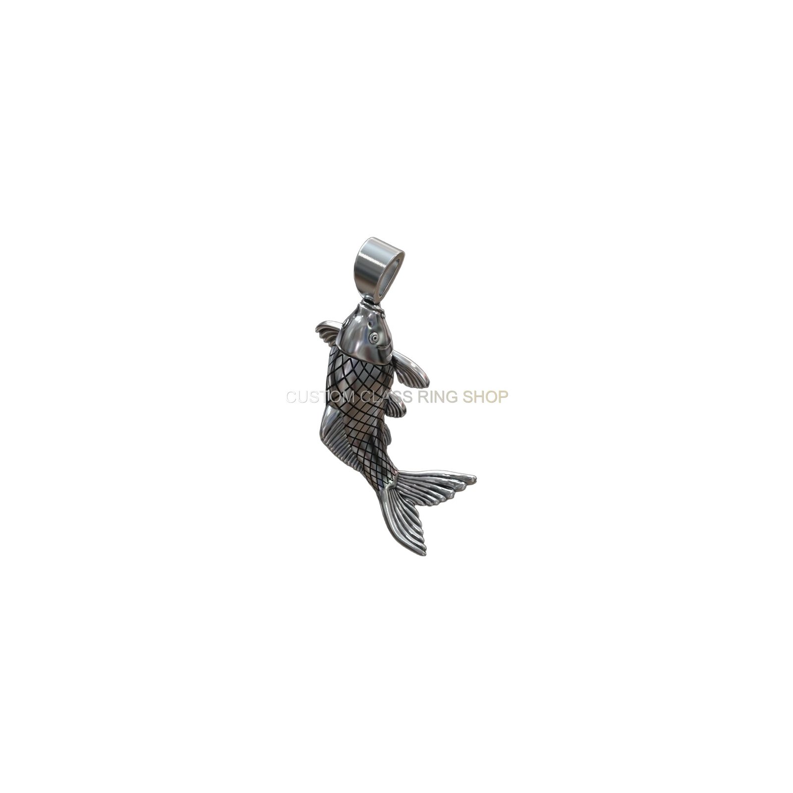 Sterling silver carp fish pendant, Three-quarter view with loop bail visible