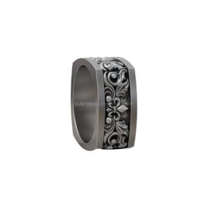 Gothic floral band sterling silver ring with ornate scrollwork detail