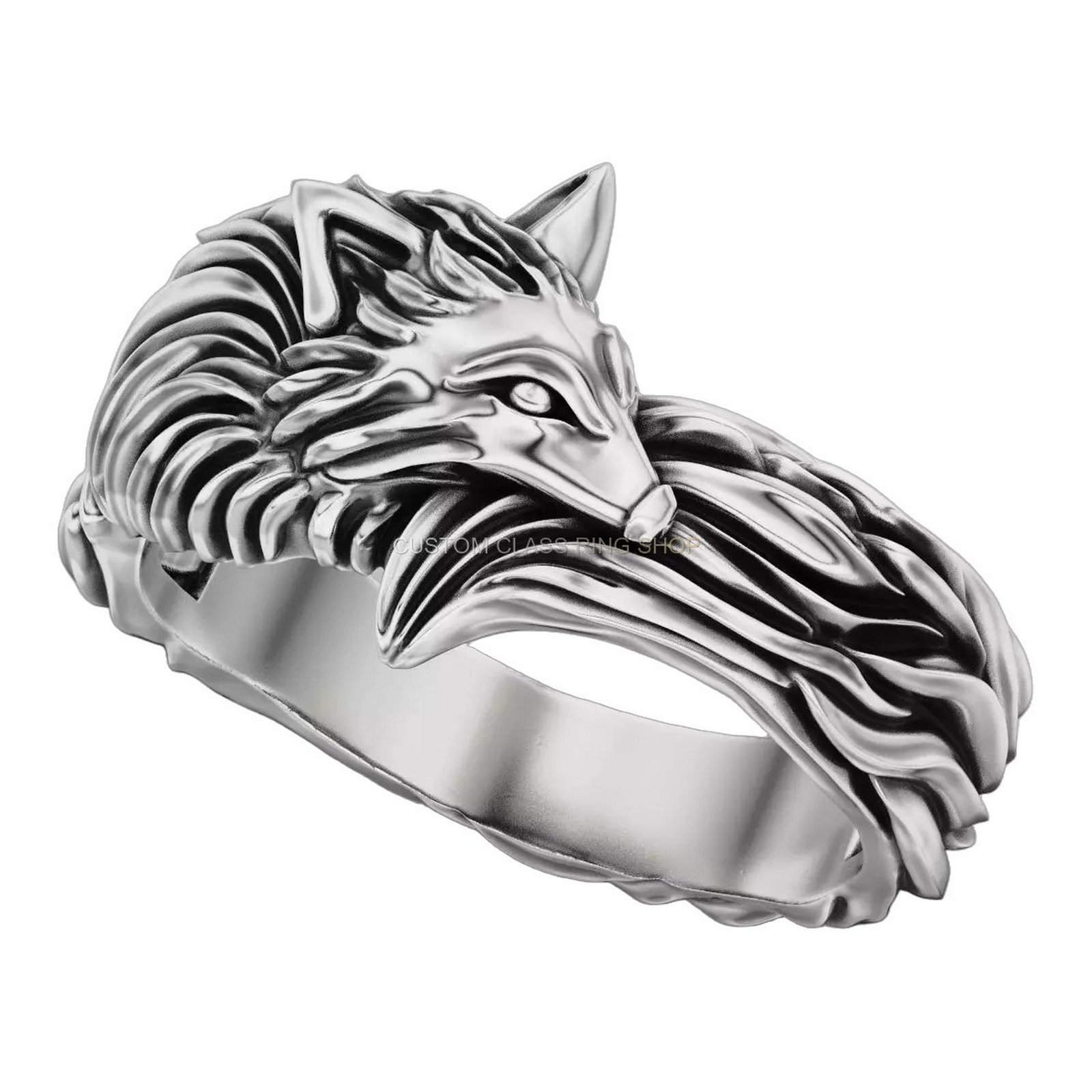 Mens sterling silver wolf statement ring with detailed mane and feathered band