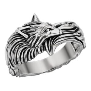 Mens sterling silver wolf statement ring with detailed mane and feathered band