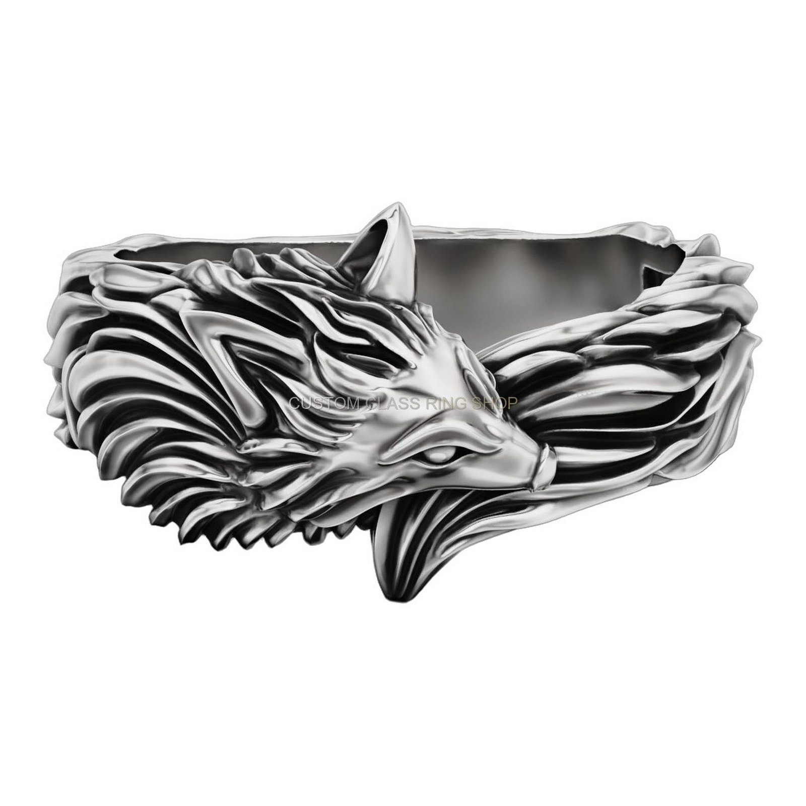 Mens sterling silver wolf statement ring with detailed mane and feathered band