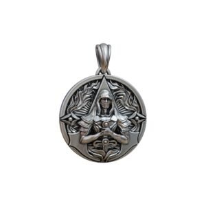 Oxidized sterling silver assassin gamer pendant with hooded figure and ornate scroll border