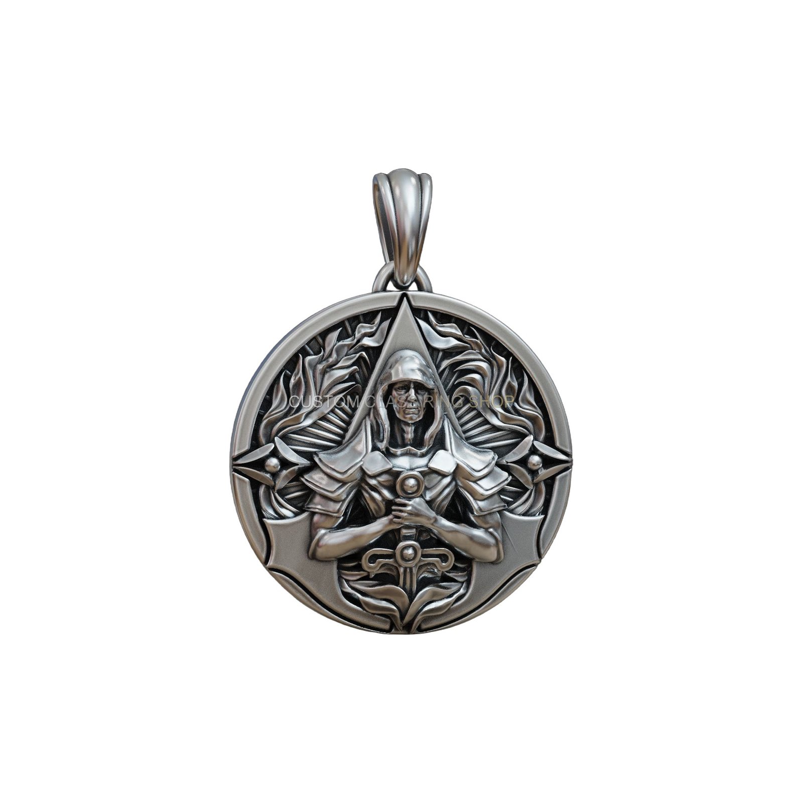 Sterling silver assassin gamer pendant, straight-on detail view