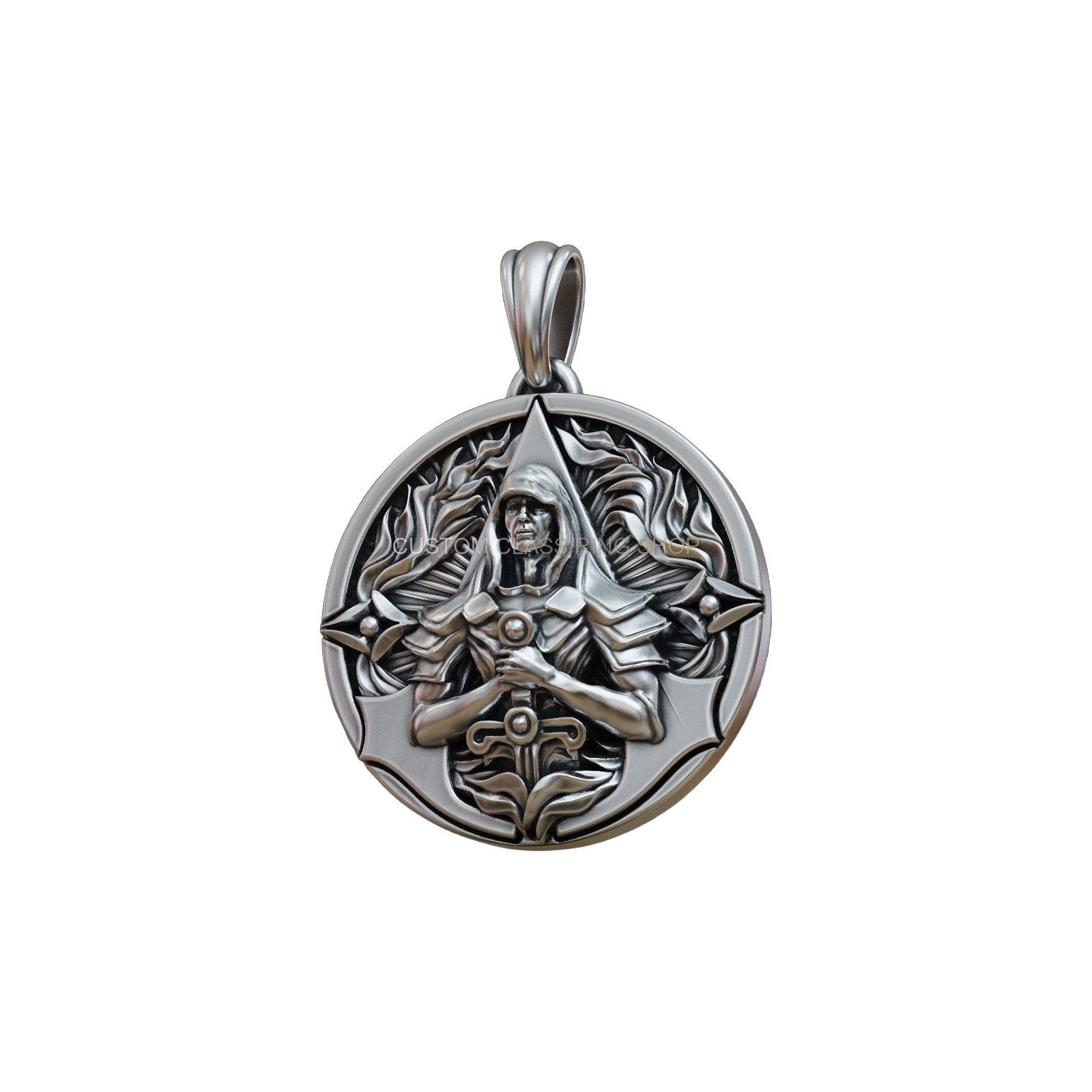 Sterling silver assassin gamer pendant, angled three-quarter view