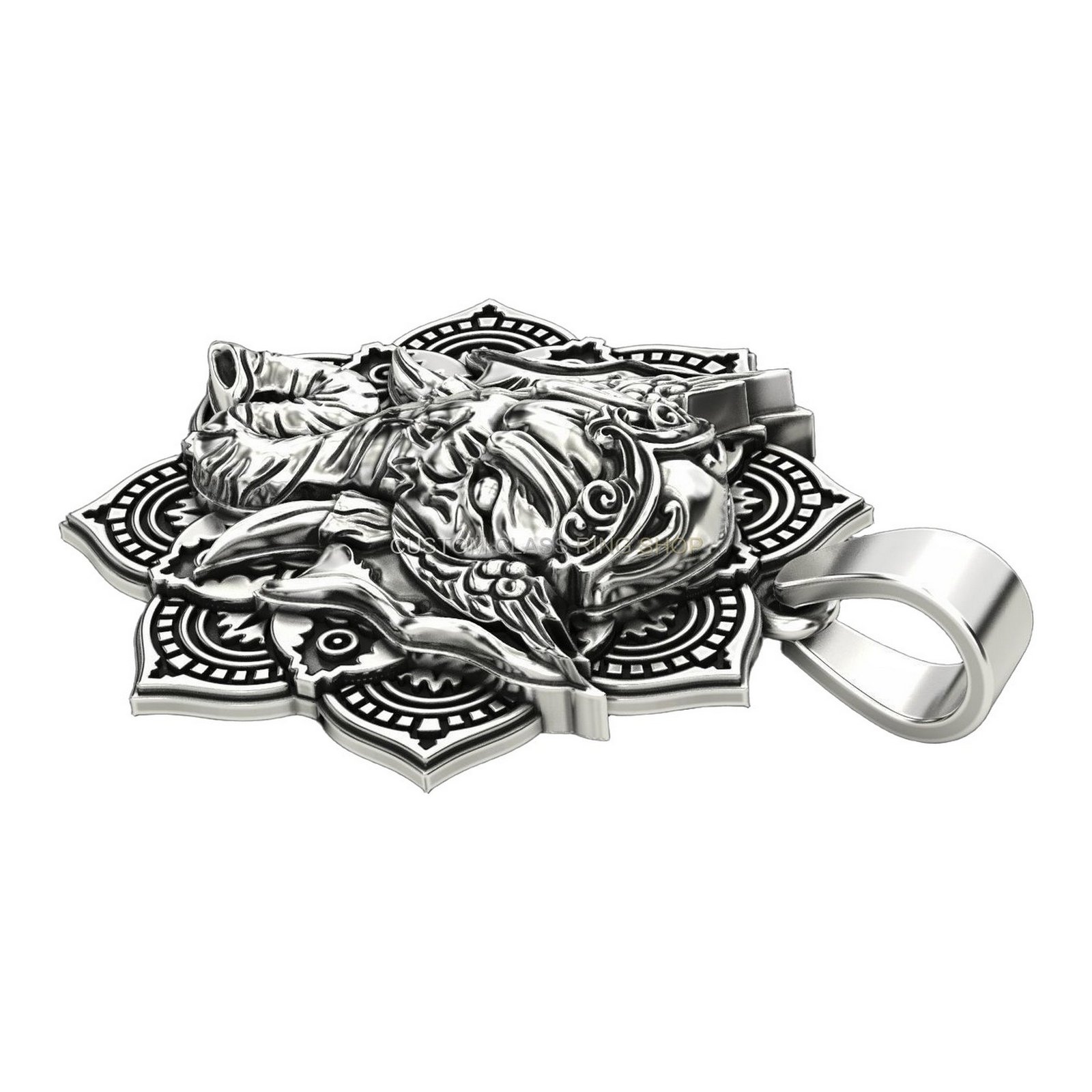 Mens sterling silver elephant pendant with mandala lotus flower frame