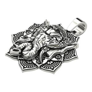 Mens sterling silver elephant pendant with mandala lotus flower frame