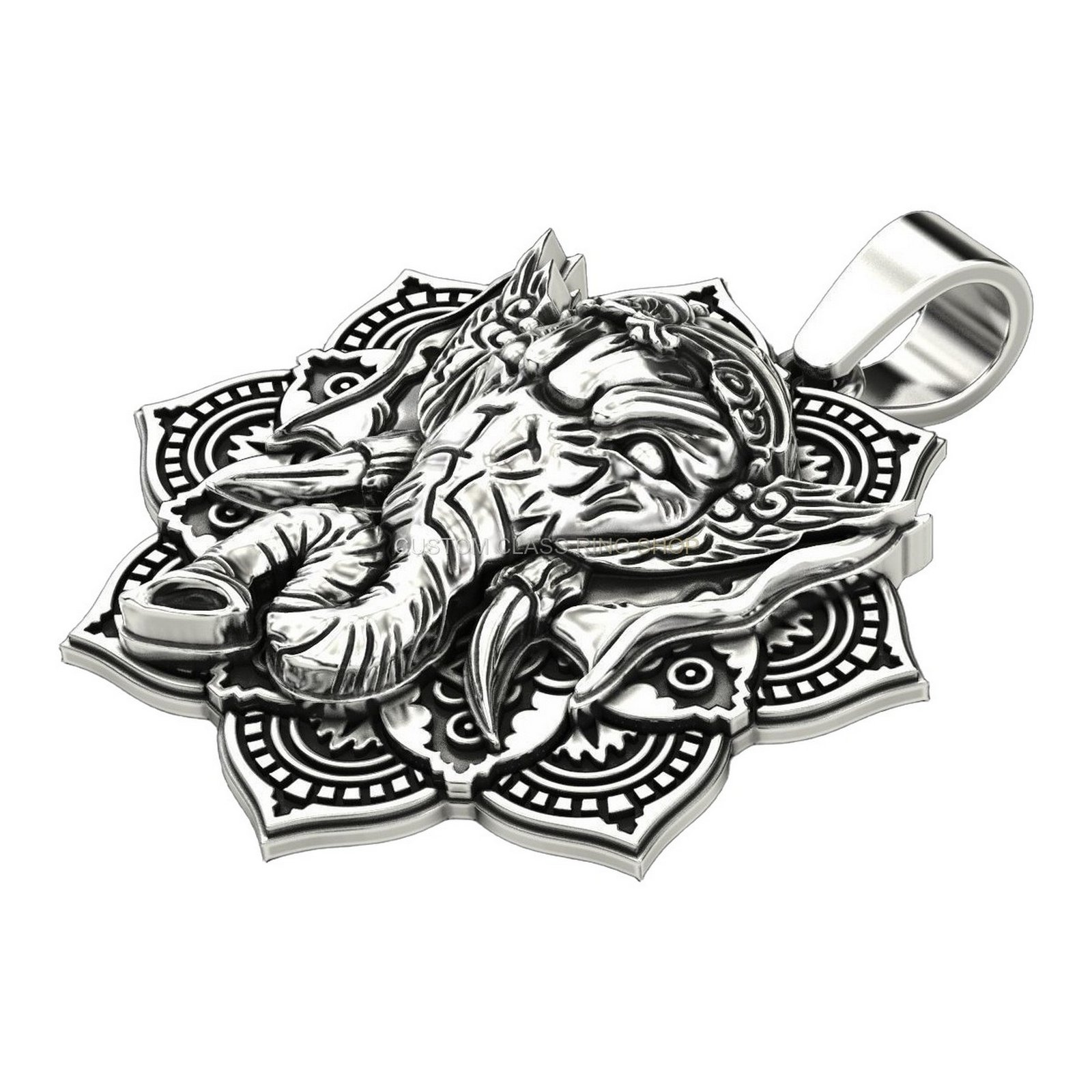 Mens sterling silver elephant pendant with mandala lotus flower frame