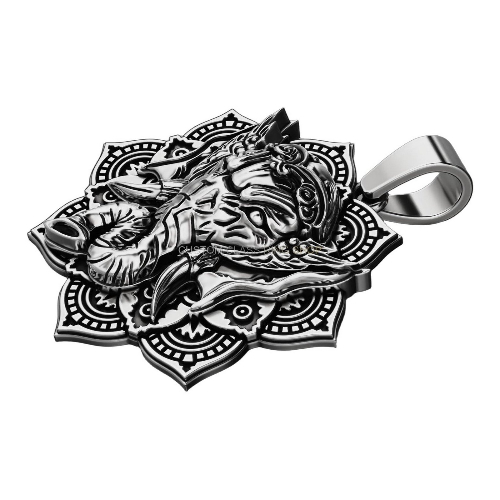 Mens sterling silver elephant pendant with mandala lotus flower frame