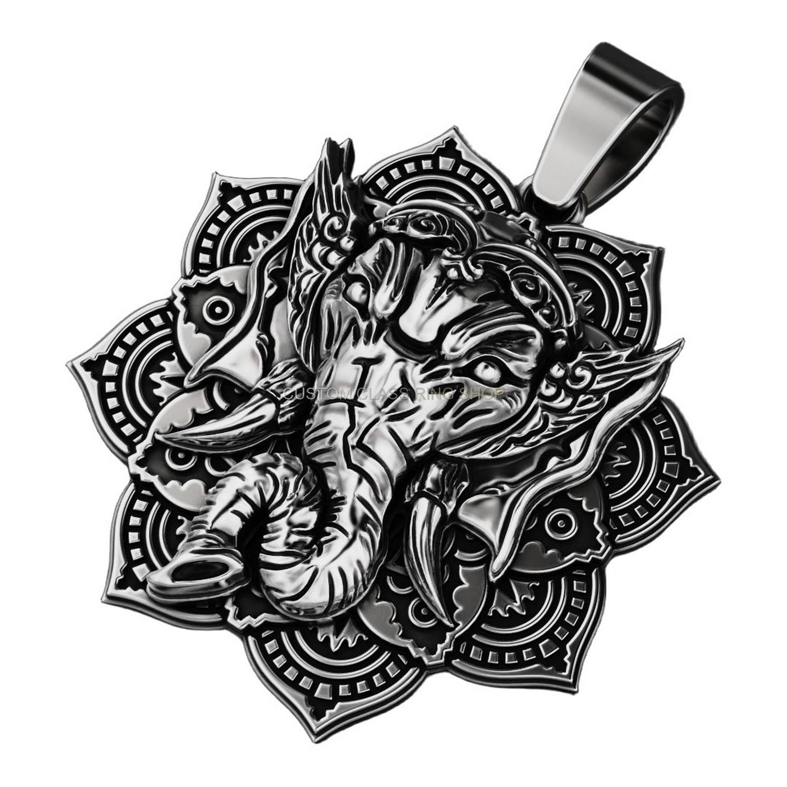Mens sterling silver elephant pendant with mandala lotus flower frame