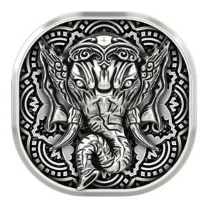 Men's sterling silver elephant signet ring with ornate geometric borders and Om symbol