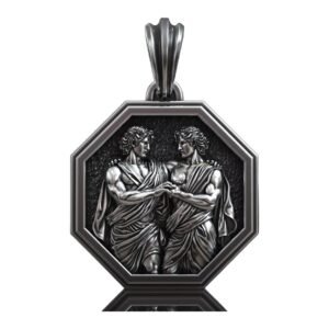 Gemini zodiac sterling silver pendant with twin figures and octagonal frame