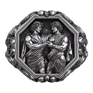 Gemini zodiac antique sterling silver ring with twin figures in octagonal frame