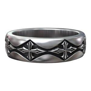 Sterling silver gothic cross biker ring with scalloped shoulders, oxidized antique finish