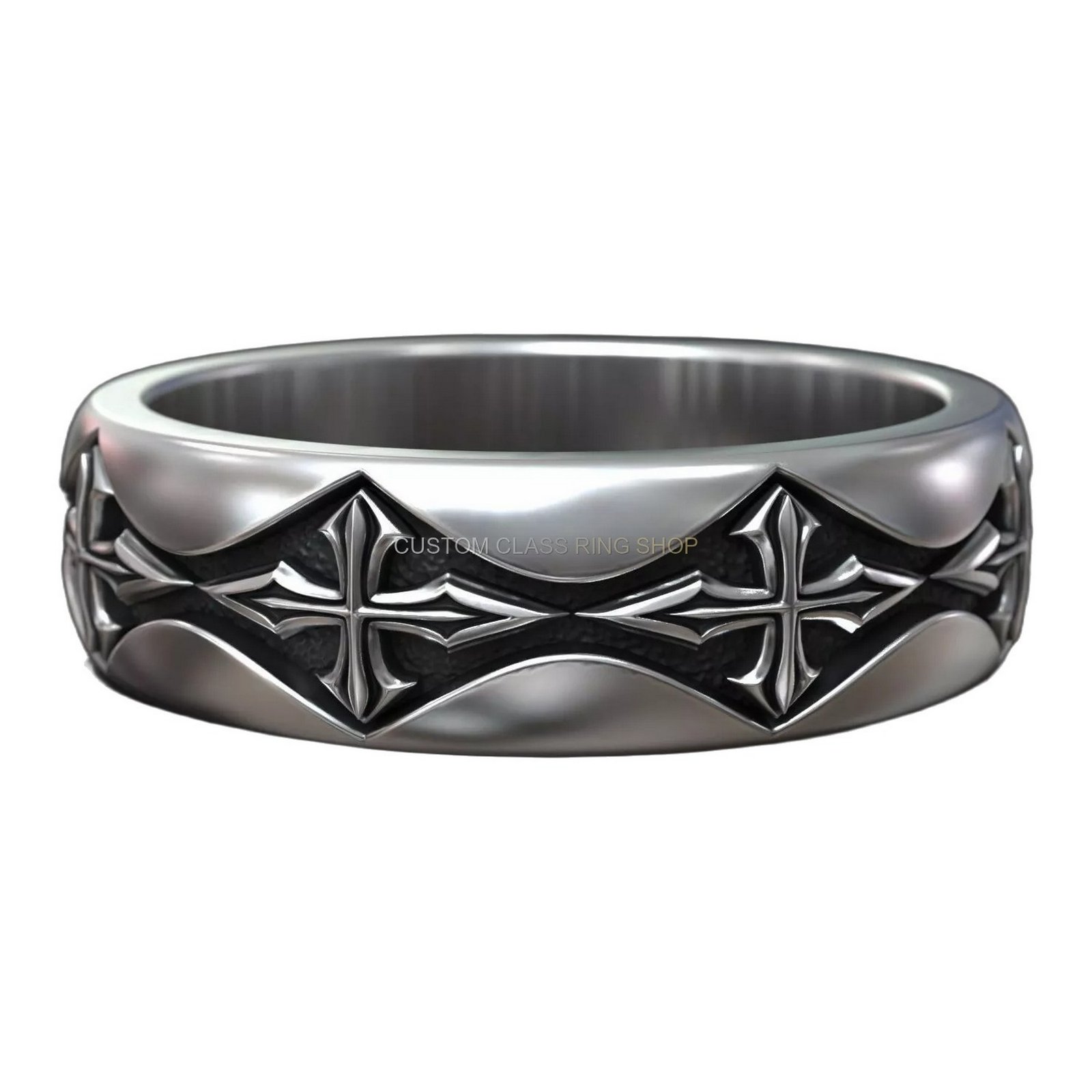 Sterling silver gothic cross biker ring with scalloped shoulders, oxidized antique finish