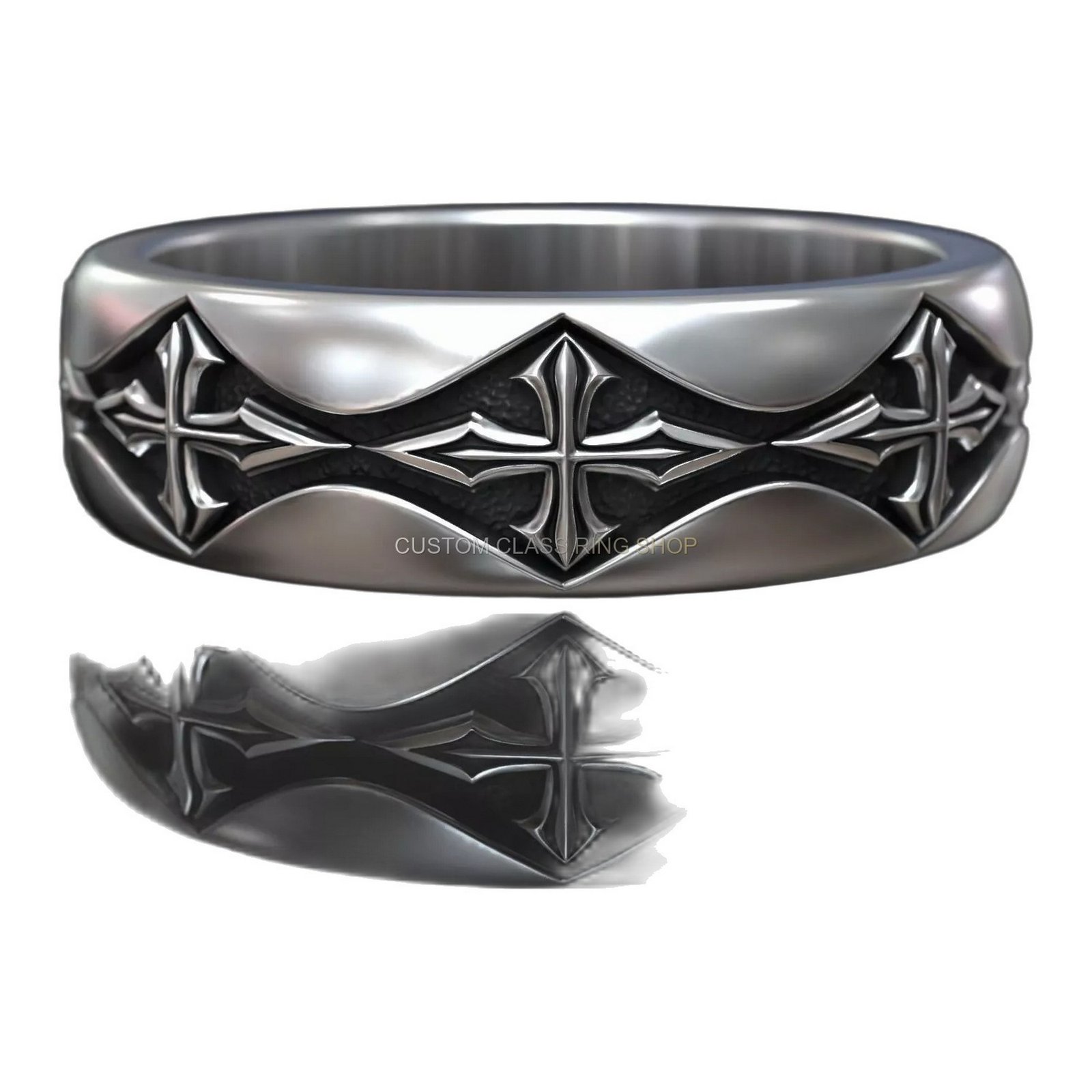 Sterling silver gothic cross biker ring, top-down band perspective