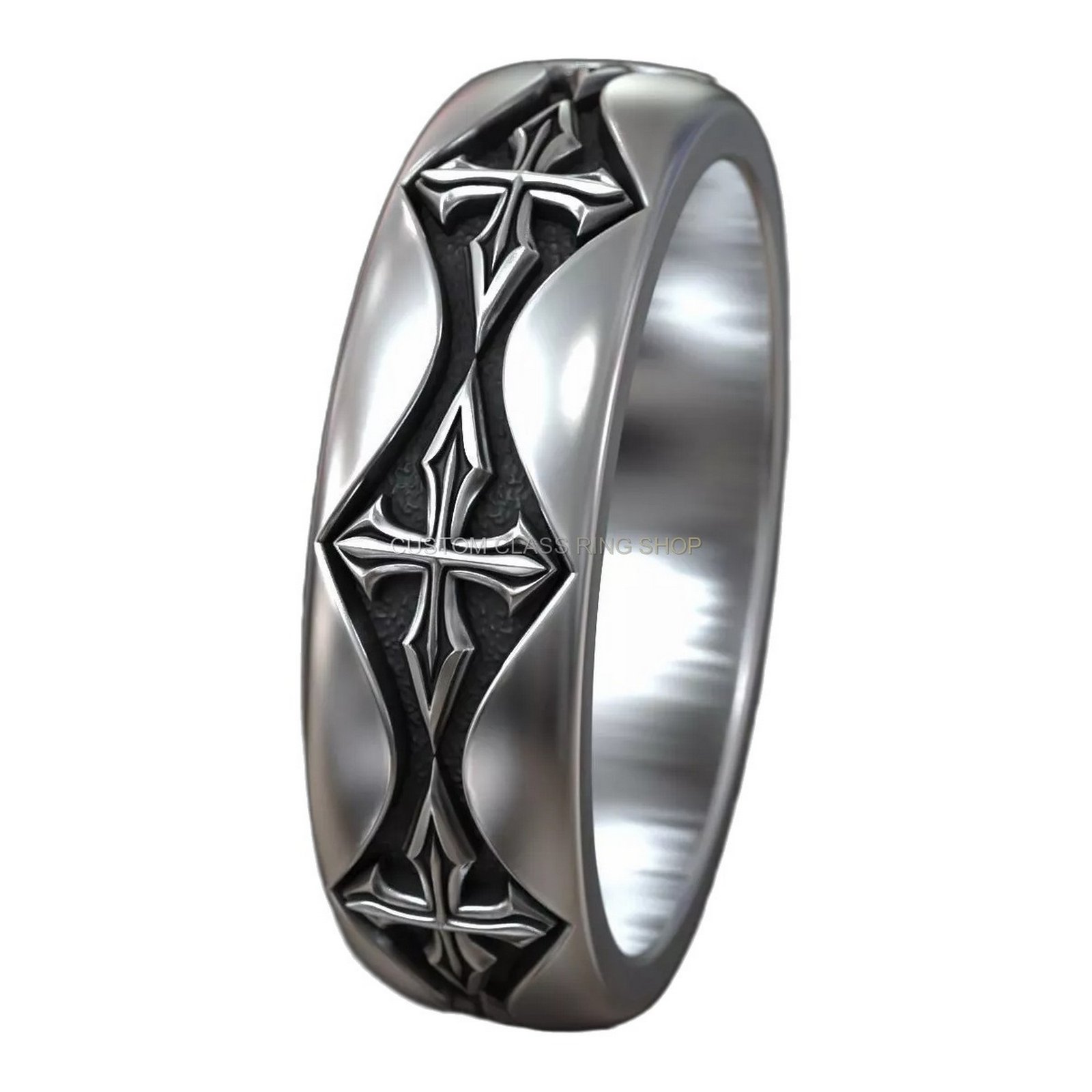 Sterling silver gothic cross biker ring, oxidized finish detail close-up