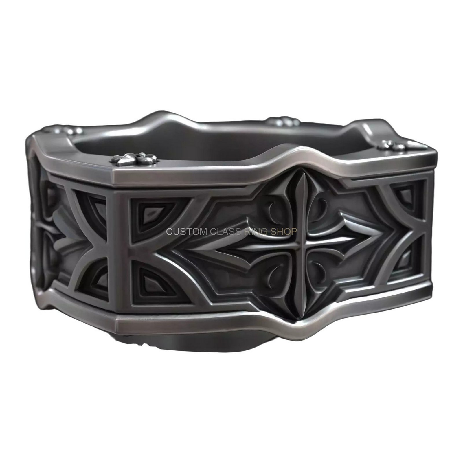 Gothic cross heraldic lily sterling silver ring, angled side profile view