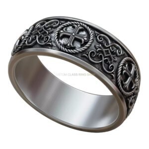 Gothic cross ornamental sterling silver band ring with oxidized antique finish