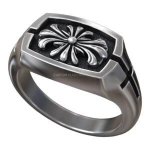 Gothic floral cross sterling silver ring with baroque frame