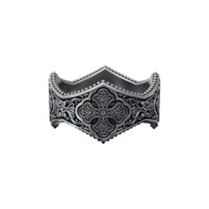 Gothic ornamental filigree sterling silver ring with beaded border