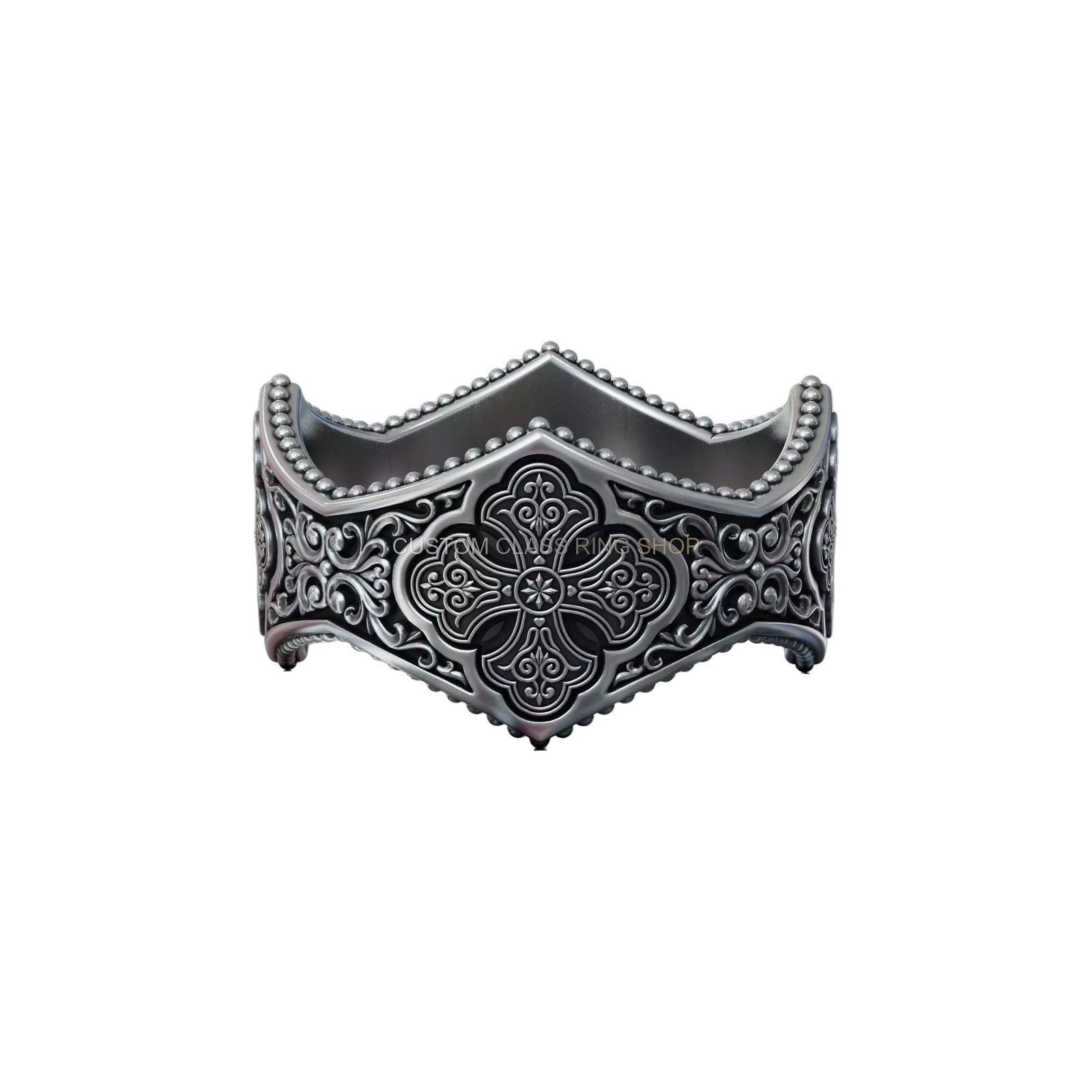 Gothic ornamental filigree sterling silver ring with beaded border