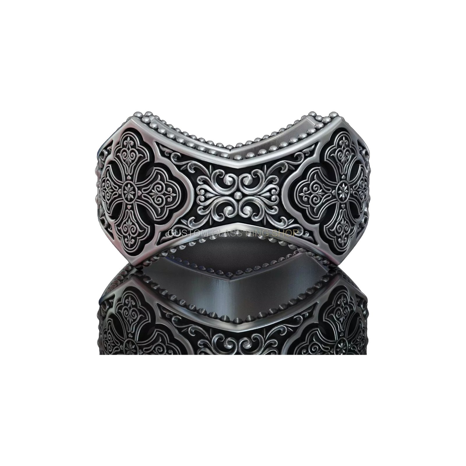 Gothic ornamental filigree sterling silver ring, band and shoulders detail