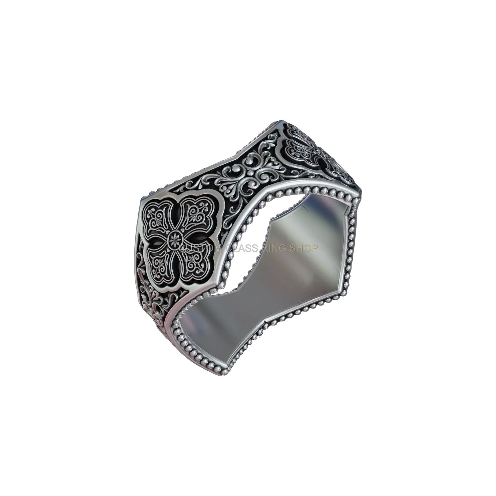 Gothic ornamental filigree sterling silver ring, overhead perspective view