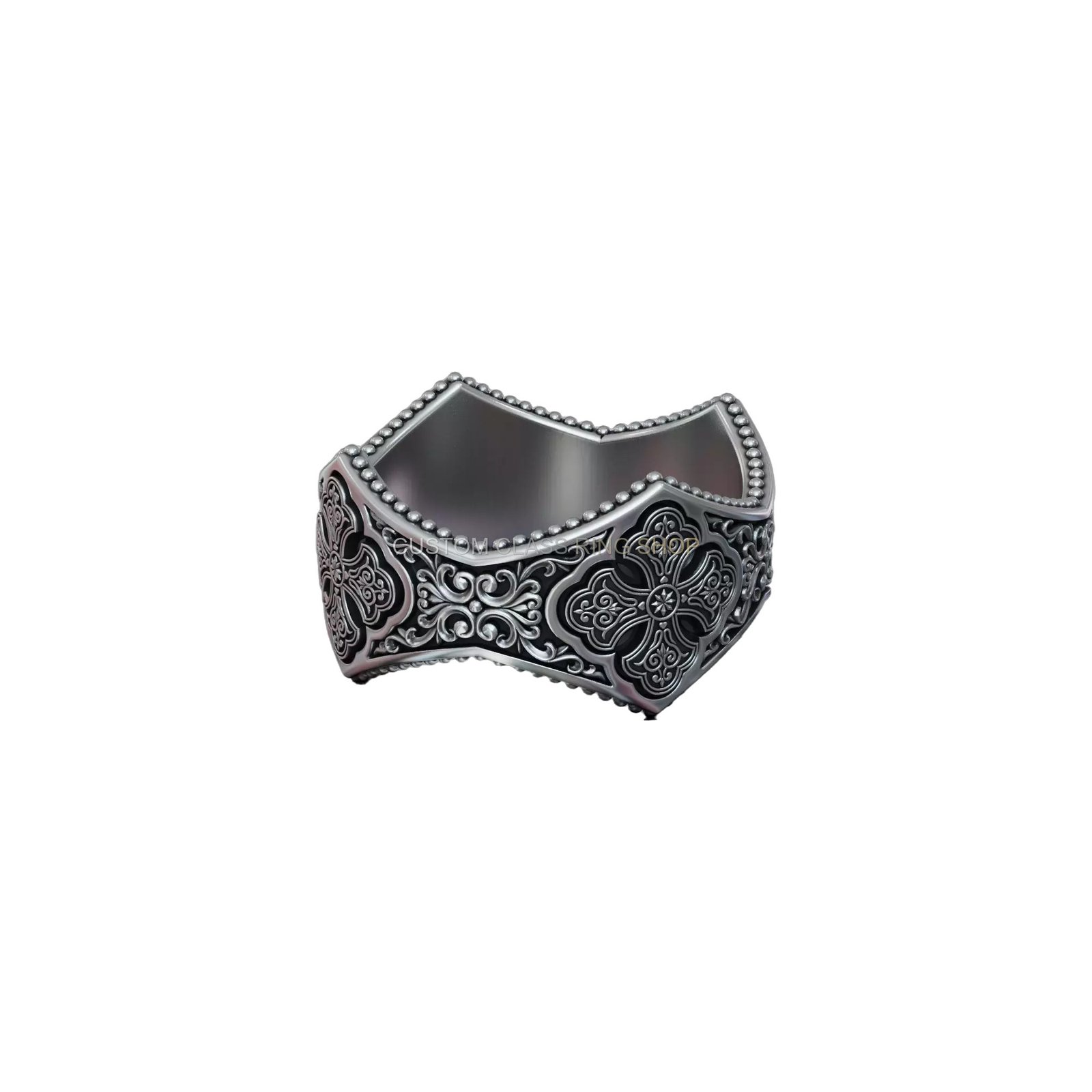 Gothic ornamental filigree sterling silver ring with beaded border