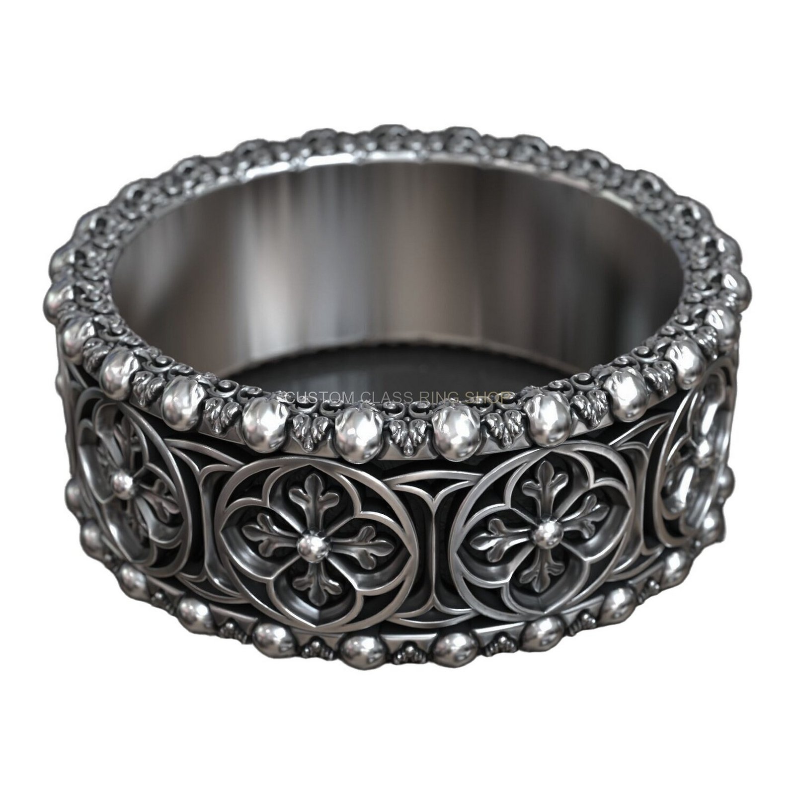Gothic skull sterling silver statement ring, top-down full band view