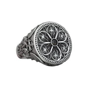 Gothic sterling silver signet ring with rosette and gargoyle design