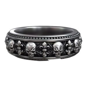 Gothic royal band fleur de lis sterling silver ring with skull and beaded edge