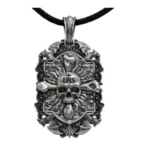 Gothic sterling silver skull pendant with gargoyle guardians and baroque frame