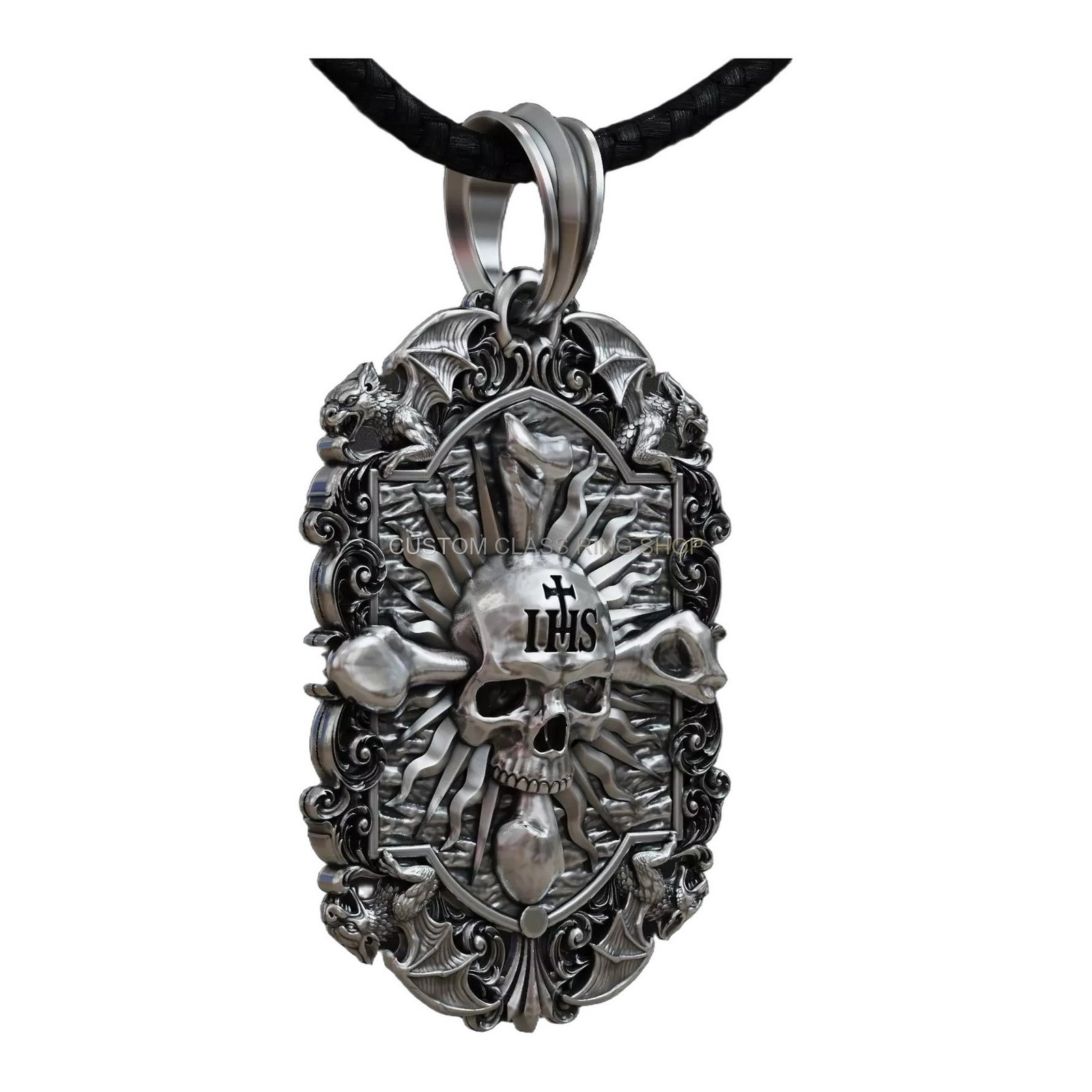 Gothic sterling silver skull pendant, angled three-quarter view