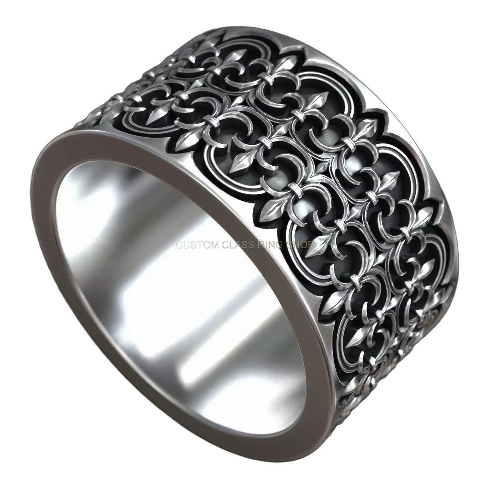 gothic ornate heraldic lily sterling silver ring with repeating fleur-de-lis band