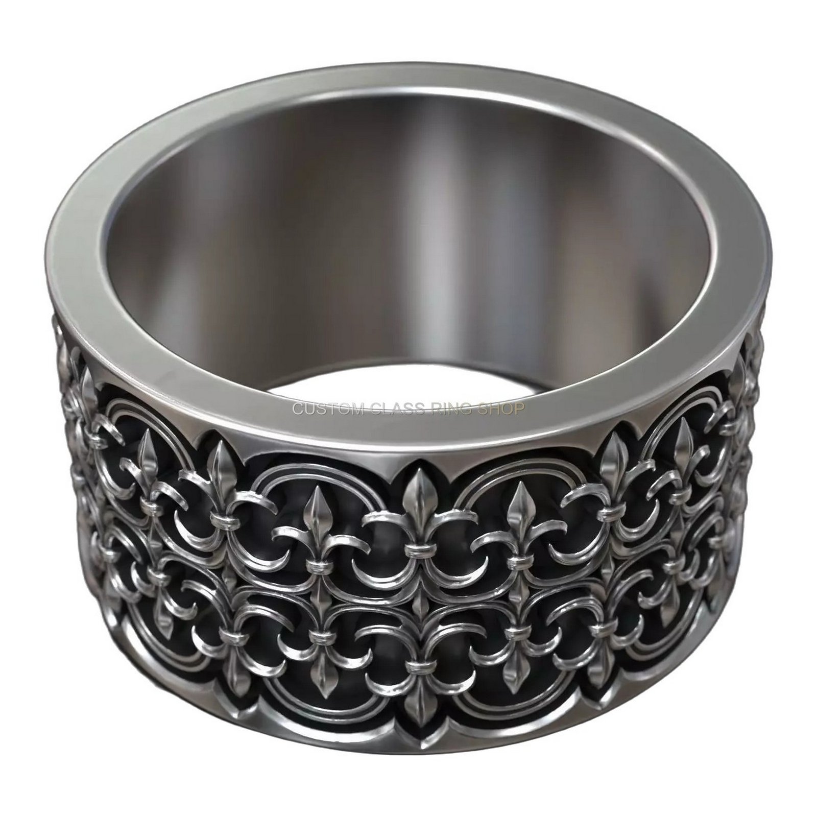 Gothic ornate heraldic lily sterling silver ring, interior band and inner surface