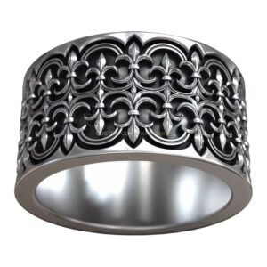gothic ornate heraldic lily sterling silver ring with repeating fleur-de-lis band