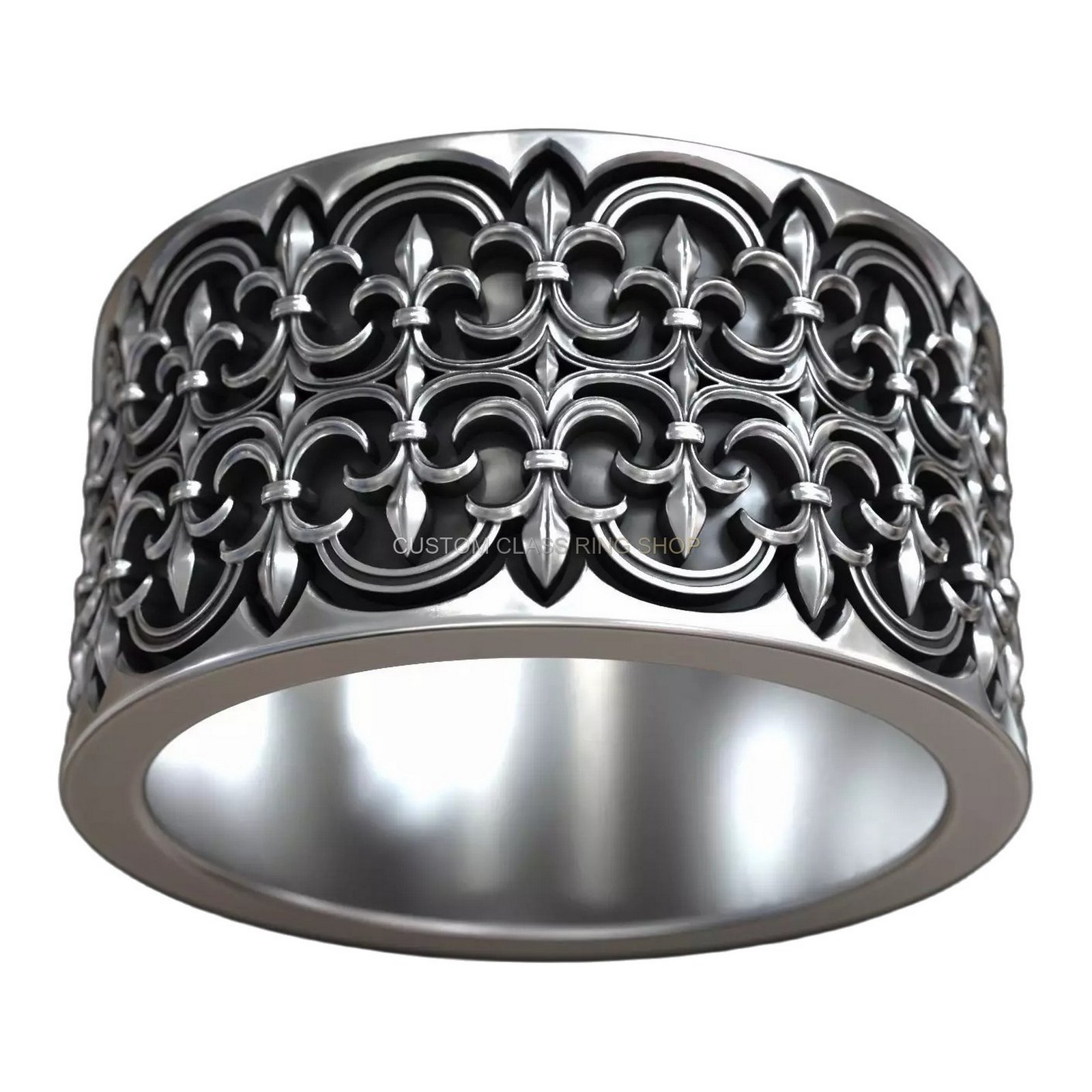 gothic ornate heraldic lily sterling silver ring with repeating fleur-de-lis band