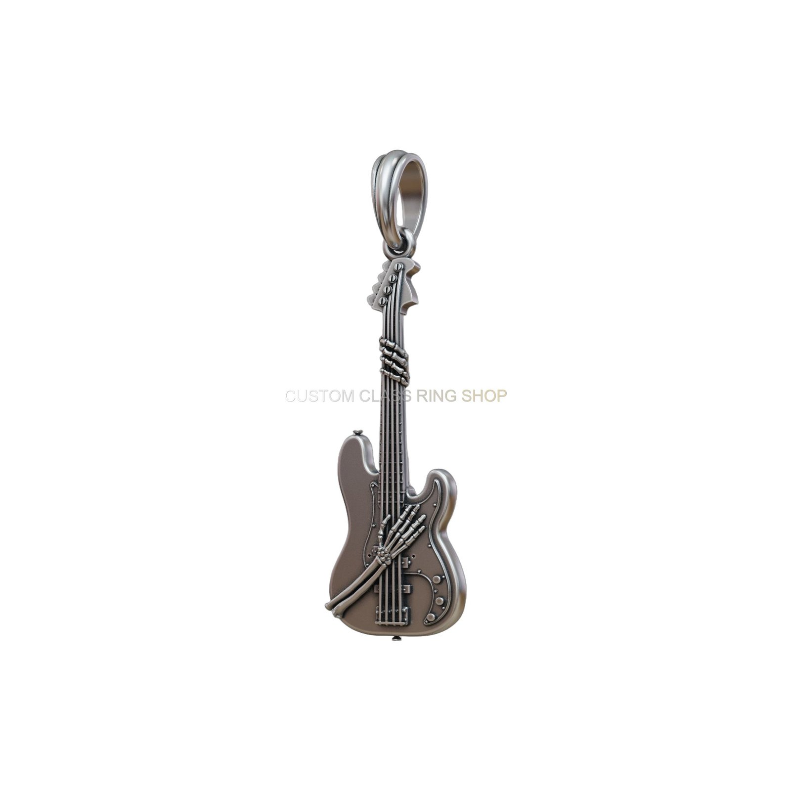 Sterling silver guitar skeleton pendant, side profile view of guitar pendant