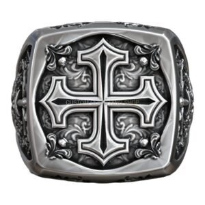 Heraldic crosslet cross sterling silver signet ring, oxidized antique finish