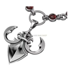 Sterling silver heraldic lily pendant with ornate crown and curved horns