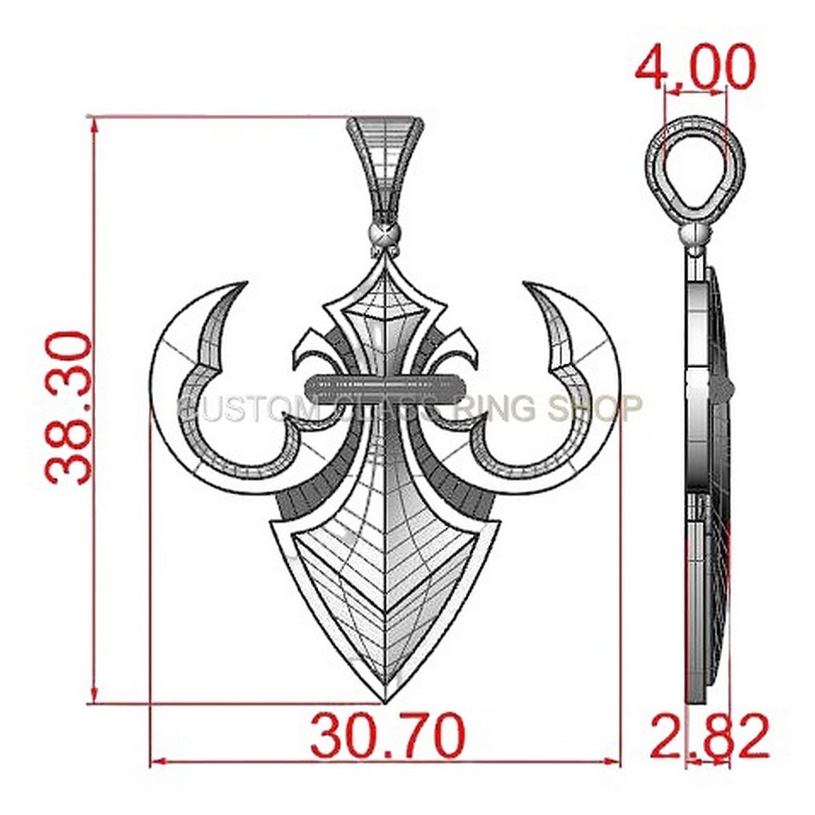 Sterling silver heraldic lily pendant with ornate crown and curved horns